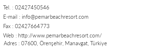Pemar Beach Resort telefon numaralar, faks, e-mail, posta adresi ve iletiim bilgileri